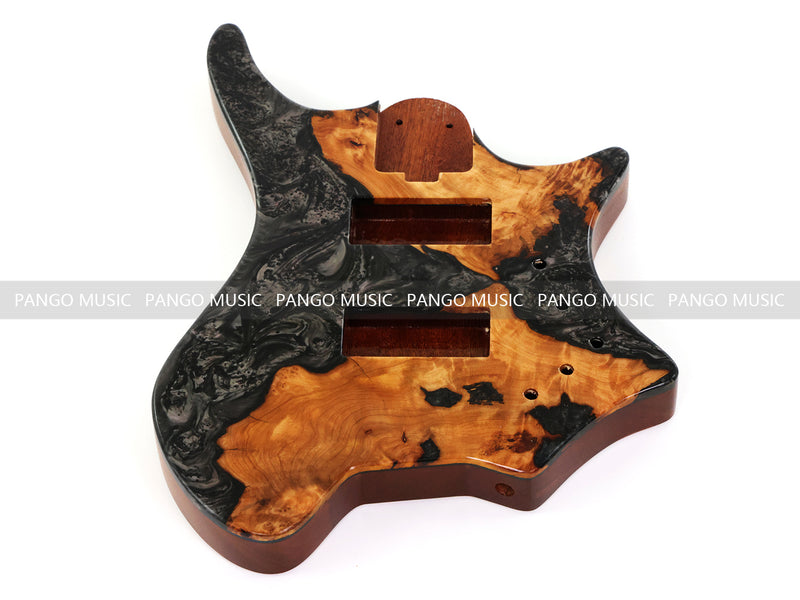 One-of-a-Kind Burl Wood Veneer Epoxy Resin 4 String Headless Electric Bass Guitar Body (H4B-013)