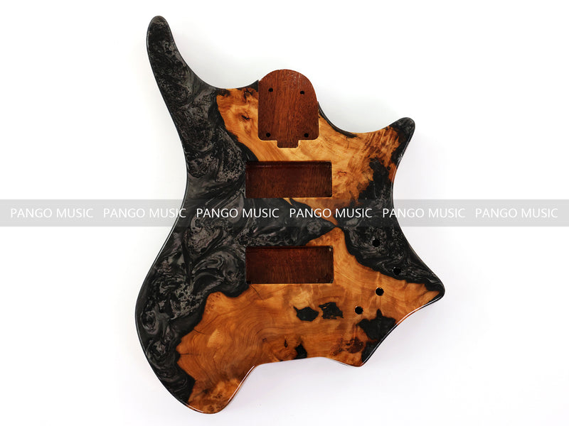 One-of-a-Kind Burl Wood Veneer Epoxy Resin 4 String Headless Electric Bass Guitar Body (H4B-013)