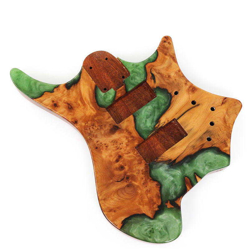 One-of-a-Kind Burl Wood Veneer Epoxy Resin 4 String Headless Electric Bass Guitar Body (H4B-014)