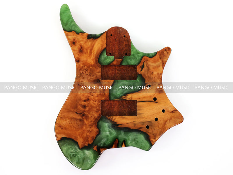 One-of-a-Kind Burl Wood Veneer Epoxy Resin 4 String Headless Electric Bass Guitar Body (H4B-014)