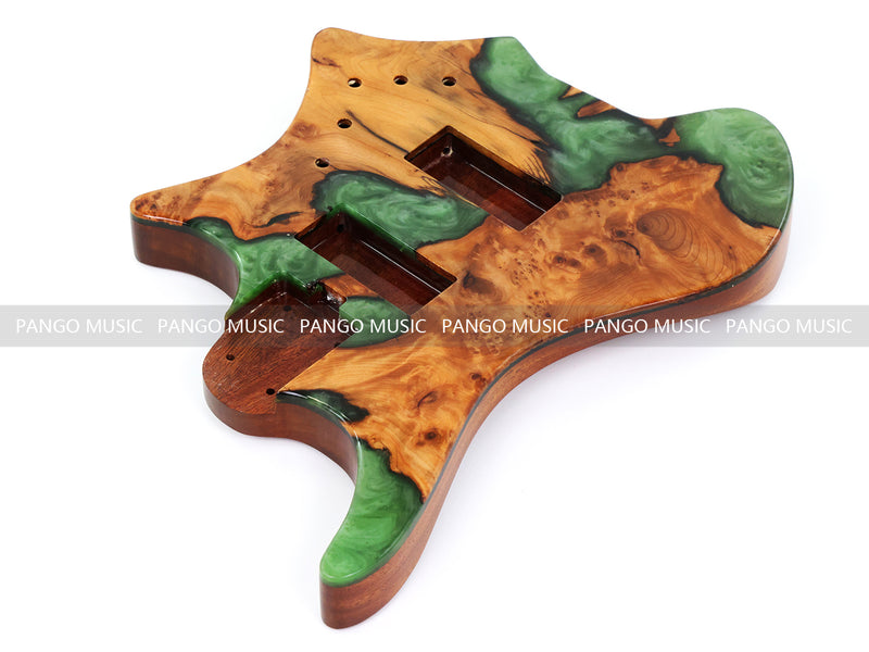 One-of-a-Kind Burl Wood Veneer Epoxy Resin 4 String Headless Electric Bass Guitar Body (H4B-014)