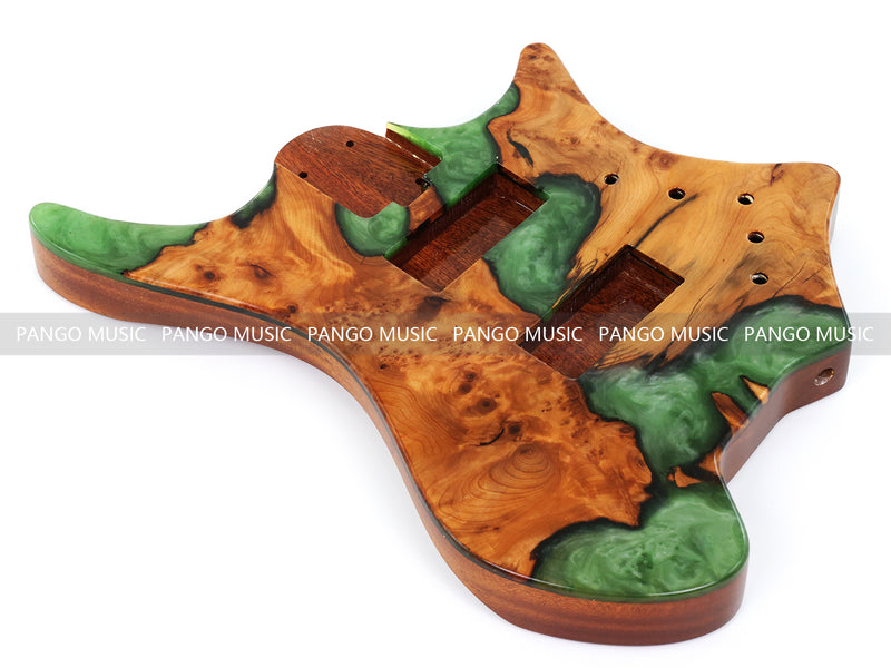 One-of-a-Kind Burl Wood Veneer Epoxy Resin 4 String Headless Electric Bass Guitar Body (H4B-014)