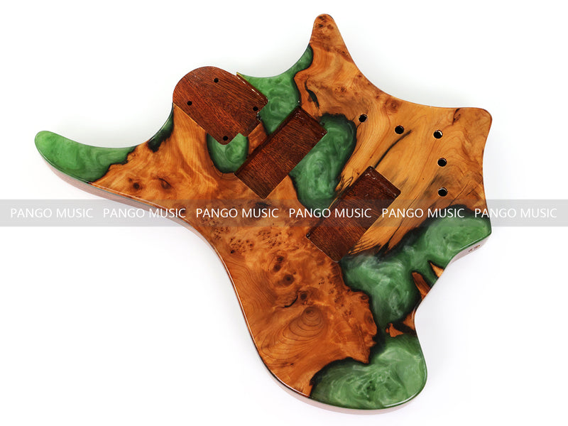 One-of-a-Kind Burl Wood Veneer Epoxy Resin 4 String Headless Electric Bass Guitar Body (H4B-014)