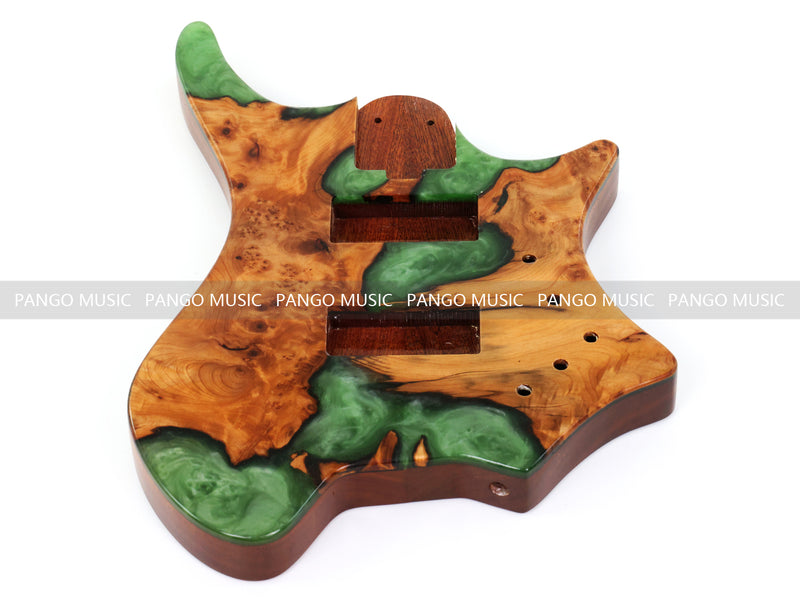 One-of-a-Kind Burl Wood Veneer Epoxy Resin 4 String Headless Electric Bass Guitar Body (H4B-014)