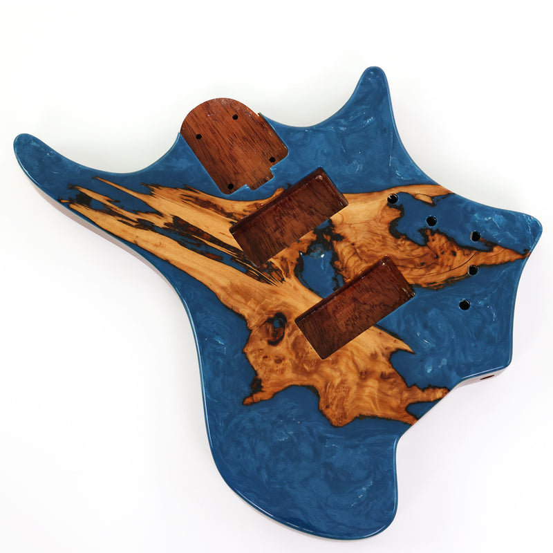 One-of-a-Kind Burl Wood Veneer Epoxy Resin 4 String Headless Electric Bass Guitar Body (H4B-015)