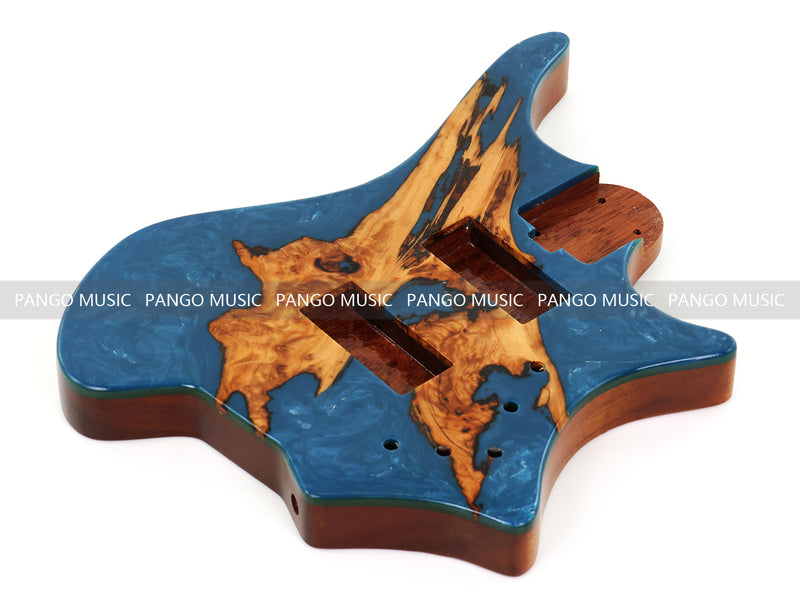 One-of-a-Kind Burl Wood Veneer Epoxy Resin 4 String Headless Electric Bass Guitar Body (H4B-015)
