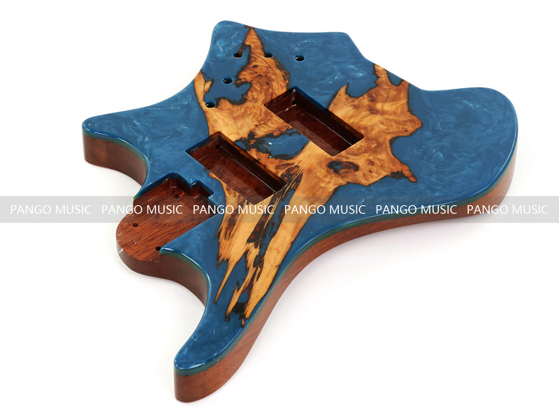 One-of-a-Kind Burl Wood Veneer Epoxy Resin 4 String Headless Electric Bass Guitar Body (H4B-015)