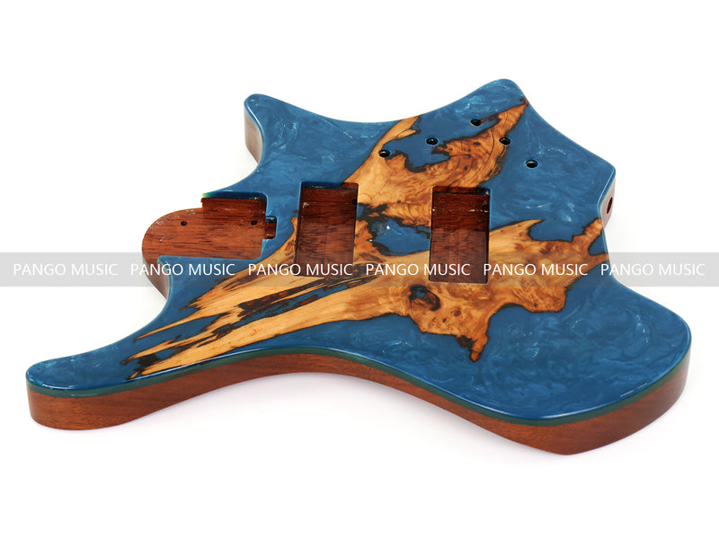 One-of-a-Kind Burl Wood Veneer Epoxy Resin 4 String Headless Electric Bass Guitar Body (H4B-015)