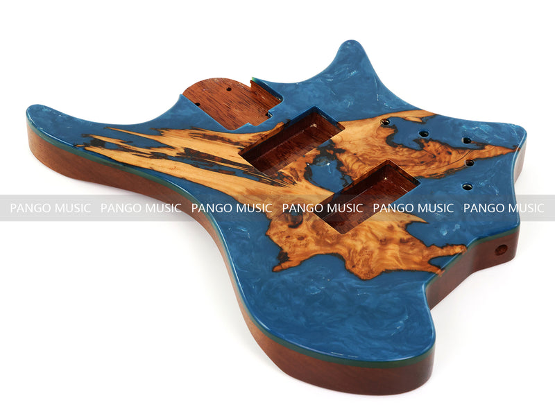 One-of-a-Kind Burl Wood Veneer Epoxy Resin 4 String Headless Electric Bass Guitar Body (H4B-015)