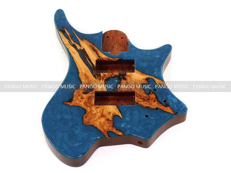 One-of-a-Kind Burl Wood Veneer Epoxy Resin 4 String Headless Electric Bass Guitar Body (H4B-015)