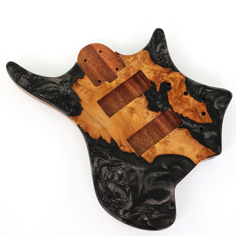 One-of-a-Kind Burl Wood Veneer Epoxy Resin 5 String Headless Electric Bass Guitar Body (H5B-002)