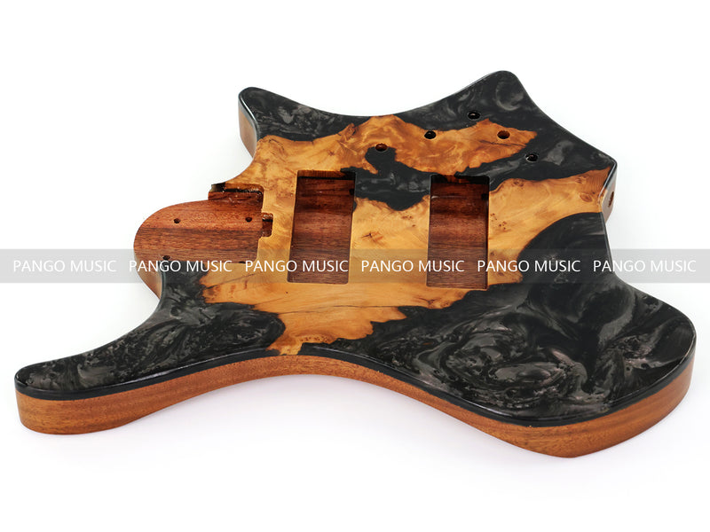 One-of-a-Kind Burl Wood Veneer Epoxy Resin 5 String Headless Electric Bass Guitar Body (H5B-002)