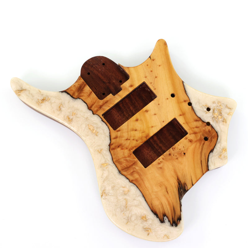 One-of-a-Kind Burl Wood Veneer Epoxy Resin 5 String Headless Electric Bass Guitar Body (H5B-003)