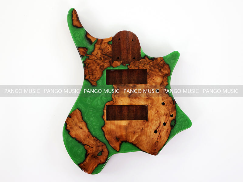 One-of-a-Kind Burl Wood Veneer Epoxy Resin 5 String Headless Electric Bass Guitar Body (H5B-004)
