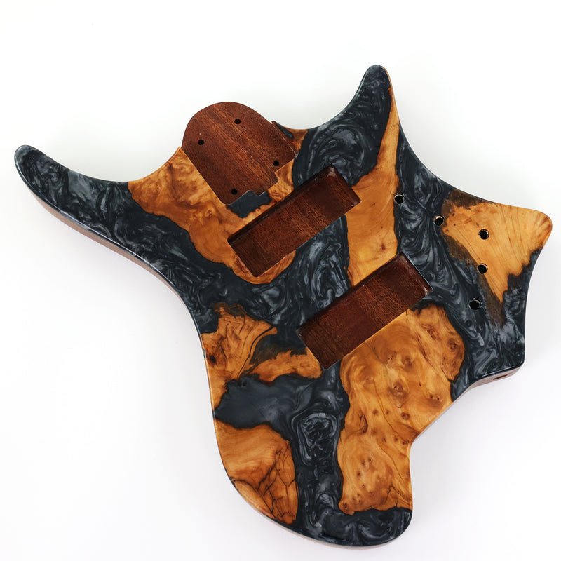 One-of-a-Kind Burl Wood Veneer Epoxy Resin 5 String Headless Electric Bass Guitar Body (H5B-006)