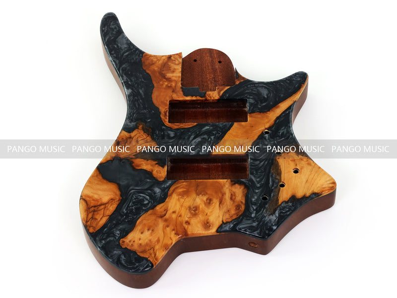 One-of-a-Kind Burl Wood Veneer Epoxy Resin 5 String Headless Electric Bass Guitar Body (H5B-006)