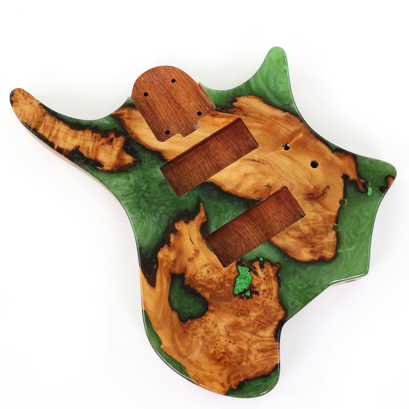 One-of-a-Kind Burl Wood Veneer Epoxy Resin 5 String Headless Electric Bass Guitar Body (H5B-008)