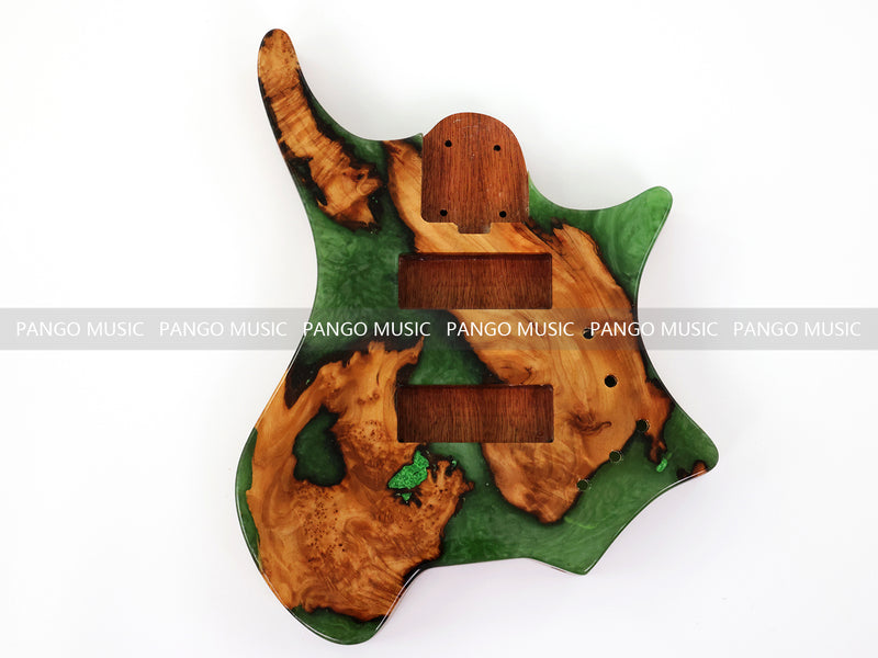 One-of-a-Kind Burl Wood Veneer Epoxy Resin 5 String Headless Electric Bass Guitar Body (H5B-008)