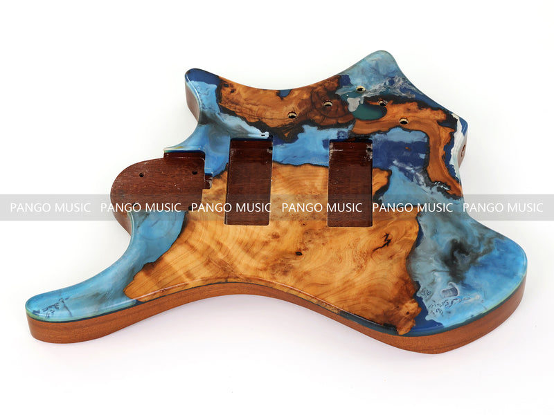 One-of-a-Kind Burl Wood Veneer Epoxy Resin 5 String Headless Electric Bass Guitar Body (H5B-012)