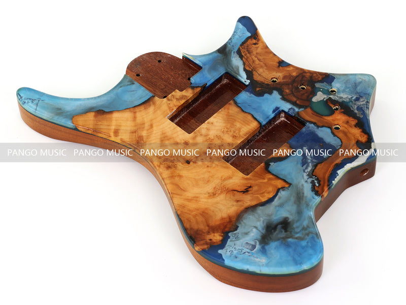 One-of-a-Kind Burl Wood Veneer Epoxy Resin 5 String Headless Electric Bass Guitar Body (H5B-012)
