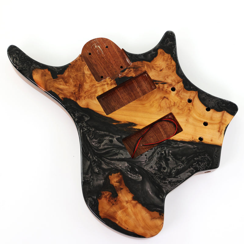 One-of-a-Kind Burl Wood Veneer Epoxy Resin 5 String Headless Electric Bass Guitar Body (H5B-015)