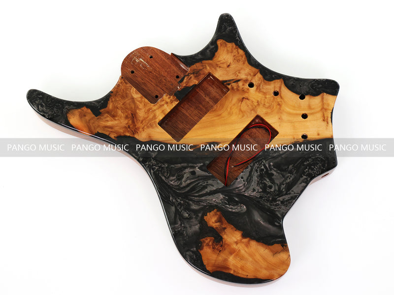 One-of-a-Kind Burl Wood Veneer Epoxy Resin 5 String Headless Electric Bass Guitar Body (H5B-015)
