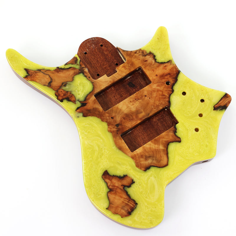 One-of-a-Kind Burl Wood Veneer Epoxy Resin 5 String Headless Electric Bass Guitar Body (H5B-017)