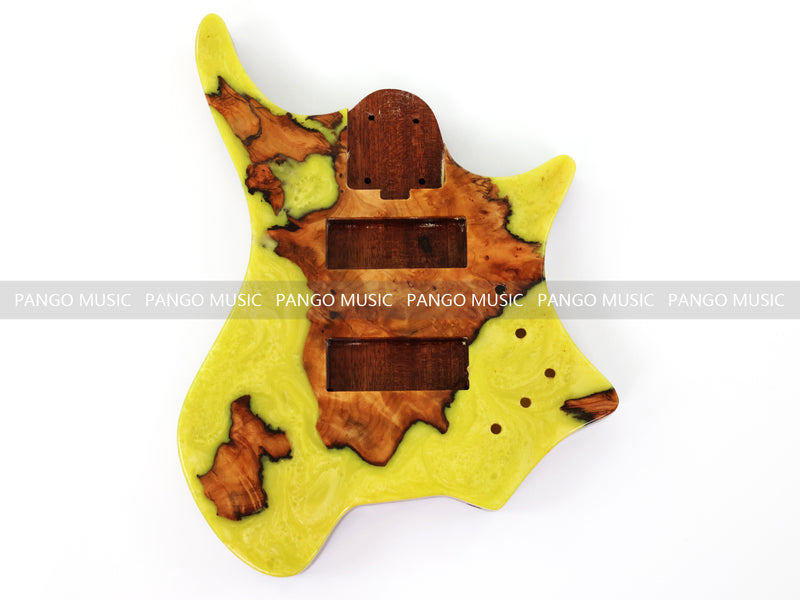 One-of-a-Kind Burl Wood Veneer Epoxy Resin 5 String Headless Electric Bass Guitar Body (H5B-017)
