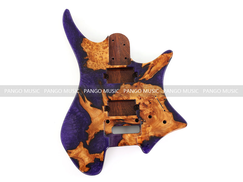 One-of-a-Kind Burl Wood Veneer Epoxy Resin Headless Electric Guitar Body (HBE-012)