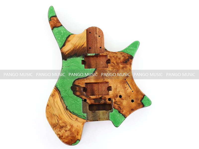 One-of-a-Kind Burl Wood Veneer Epoxy Resin Headless Electric Guitar Body (HBE-014)