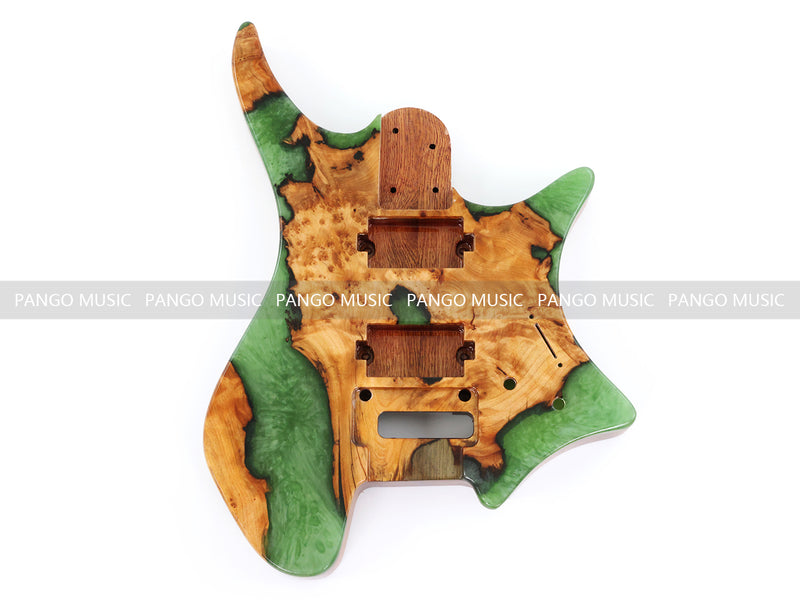 One-of-a-Kind Burl Wood Veneer Epoxy Resin Headless Electric Guitar Body (HBE-015)