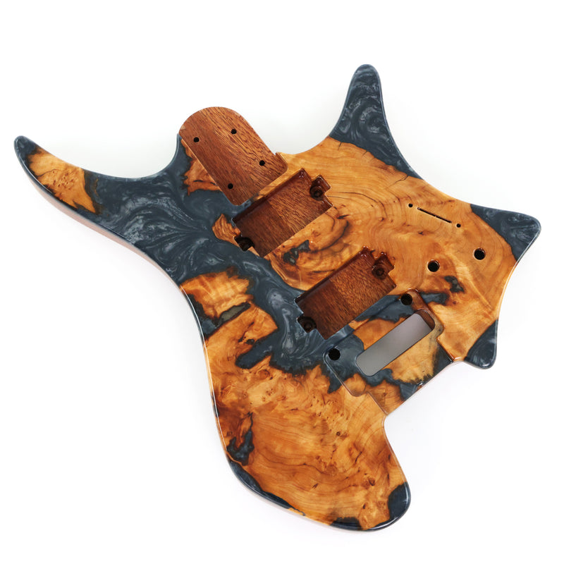 One-of-a-Kind Burl Wood Veneer Epoxy Resin Headless Electric Guitar Body (HBE-019)