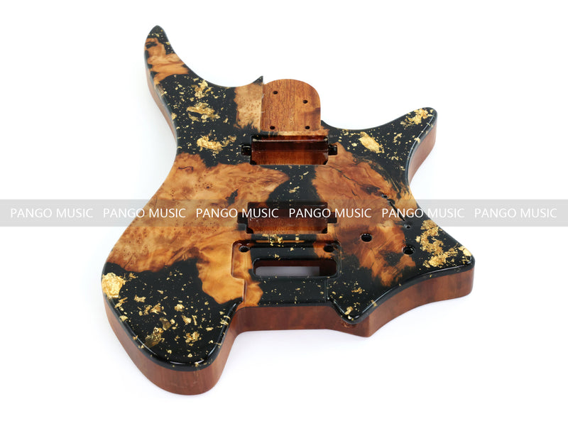 One-of-a-Kind Burl Wood Veneer Epoxy Resin Headless Electric Guitar Body (HBE-033)