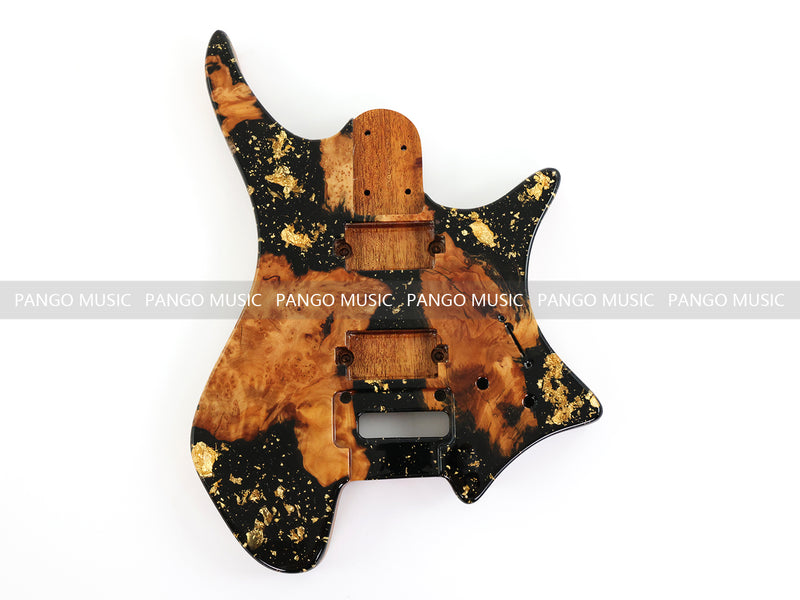 One-of-a-Kind Burl Wood Veneer Epoxy Resin Headless Electric Guitar Body (HBE-033)
