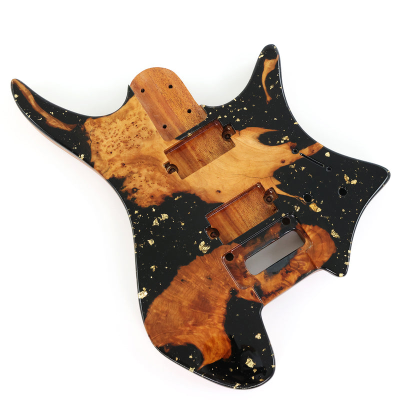One-of-a-Kind Burl Wood Veneer Epoxy Resin Headless Electric Guitar Body (HBE-035)