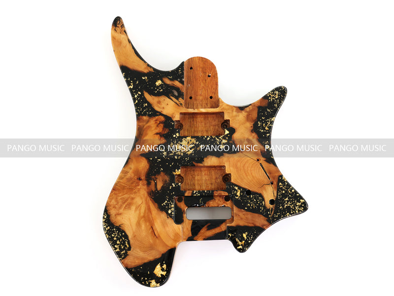 One-of-a-Kind Burl Wood Veneer Epoxy Resin Headless Electric Guitar Body (HBE-036)