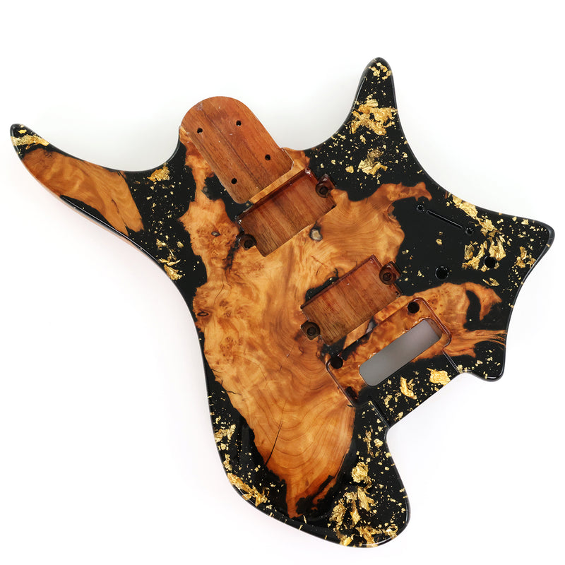 One-of-a-Kind Burl Wood Veneer Epoxy Resin Headless Electric Guitar Body (HBE-037)