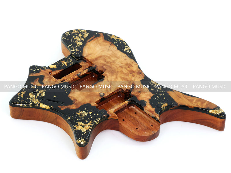 One-of-a-Kind Burl Wood Veneer Epoxy Resin Headless Electric Guitar Body (HBE-037)