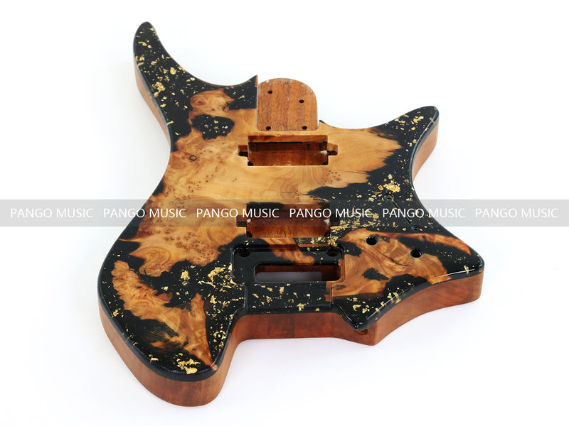 One-of-a-Kind Burl Wood Veneer Epoxy Resin Headless Electric Guitar Body (HBE-038)