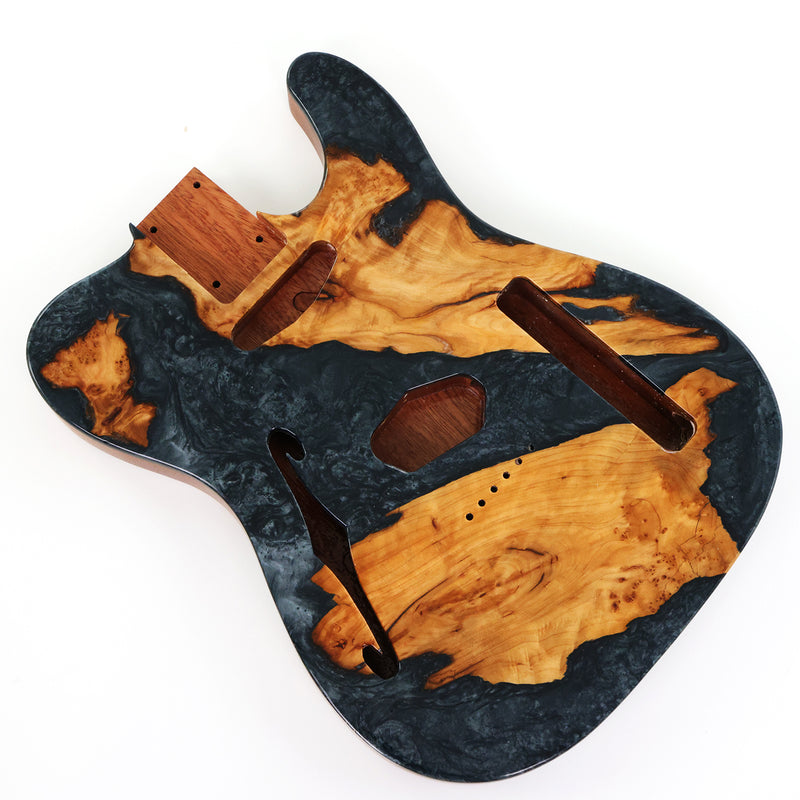 One-of-a-Kind Burl Wood Veneer Epoxy Resin Tele Thinline Style Electric Guitar Body with F-Hole (TRB-006)