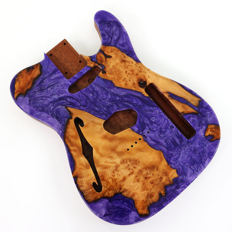 One-of-a-Kind Burl Wood Veneer Epoxy Resin Tele Thinline Style Electric Guitar Body with F-Hole (TRB-007)