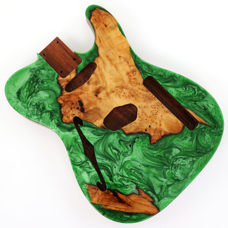 One-of-a-Kind Burl Wood Veneer Epoxy Resin Tele Thinline Style Electric Guitar Body with F-Hole (TRB-009)