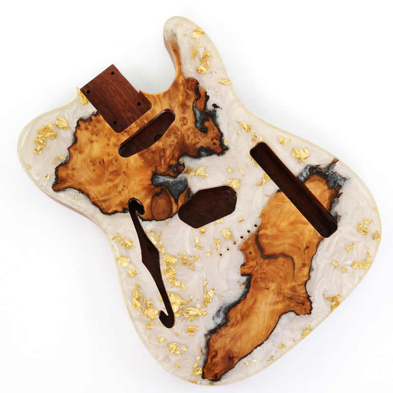 One-of-a-Kind Burl Wood Veneer Epoxy Resin Tele Thinline Style Electric Guitar Body with F-Hole (TRB-010)