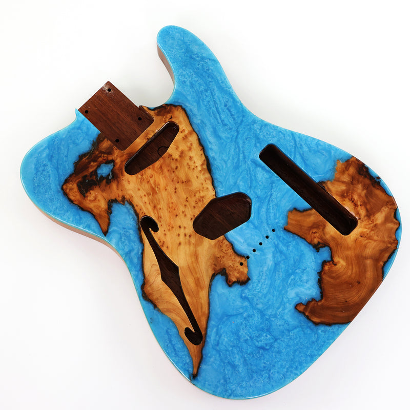 One-of-a-Kind Burl Wood Veneer Epoxy Resin Tele Thinline Style Electric Guitar Body with F-Hole (TRB-014)