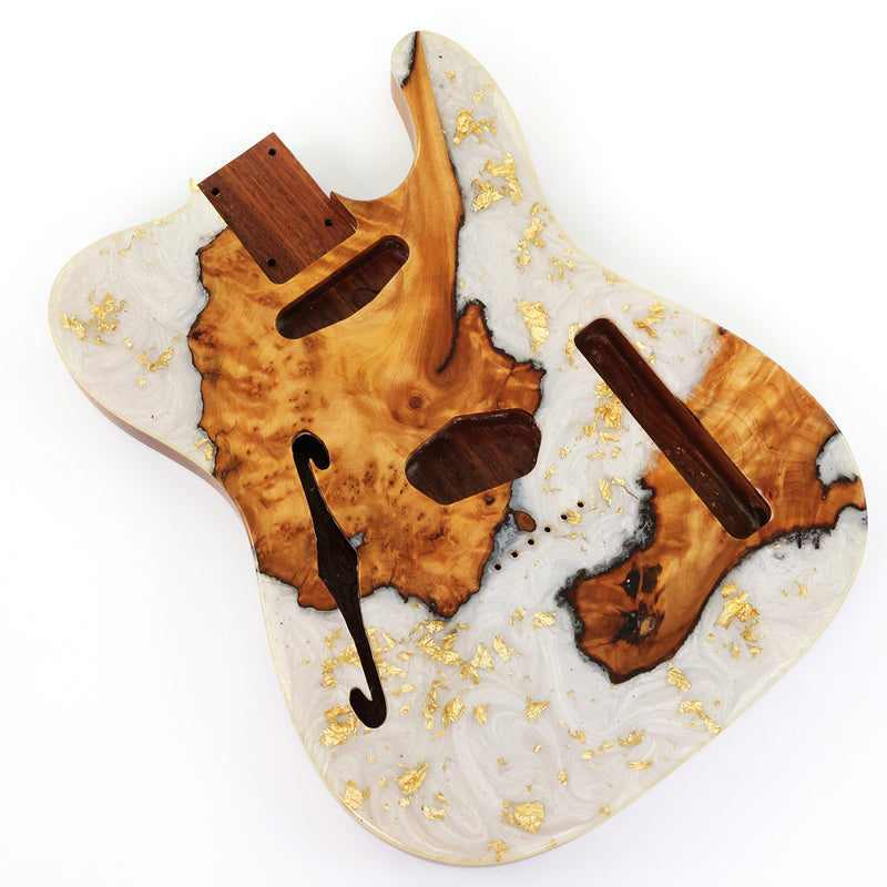 One-of-a-Kind Burl Wood Veneer Epoxy Resin Tele Thinline Style Electric Guitar Body with F-Hole (TRB-015)