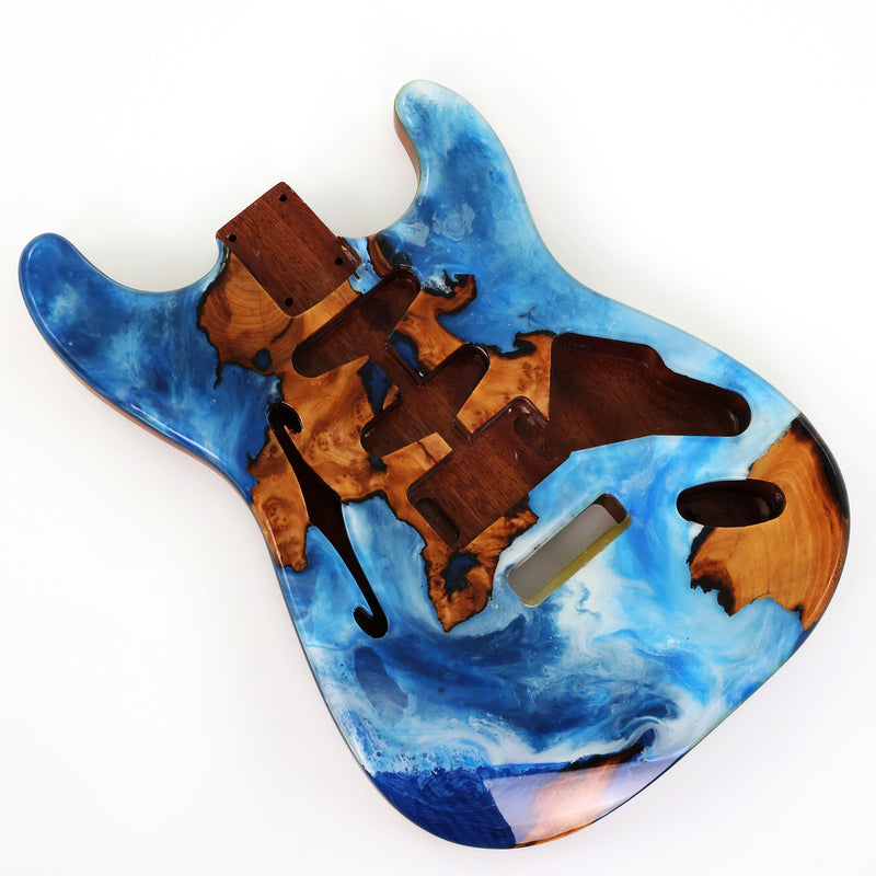 One-of-a-Kind ST Thinline Style Electric Guitar Body with F-hole, Burl Wood & Epoxy Resin Top (SRB-001)