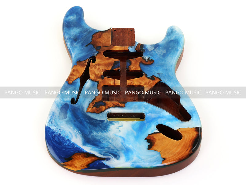 One-of-a-Kind ST Thinline Style Electric Guitar Body with F-hole, Burl Wood & Epoxy Resin Top (SRB-001)