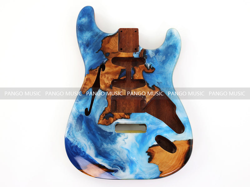 One-of-a-Kind ST Thinline Style Electric Guitar Body with F-hole, Burl Wood & Epoxy Resin Top (SRB-001)