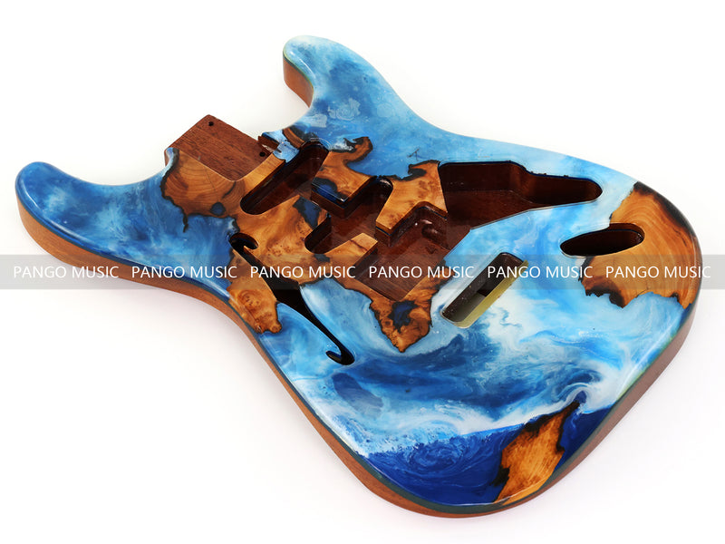 One-of-a-Kind ST Thinline Style Electric Guitar Body with F-hole, Burl Wood & Epoxy Resin Top (SRB-001)