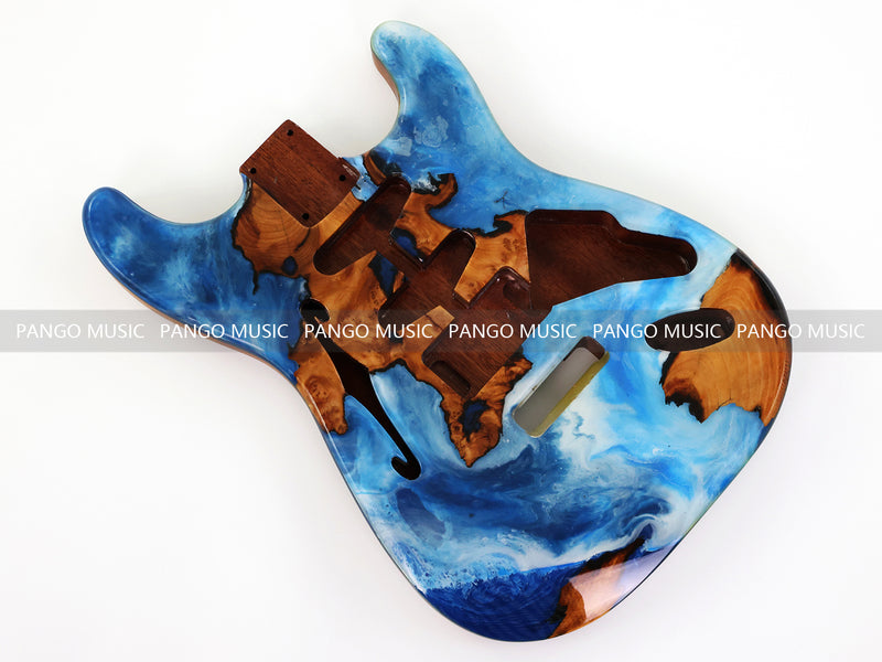 One-of-a-Kind ST Thinline Style Electric Guitar Body with F-hole, Burl Wood & Epoxy Resin Top (SRB-001)